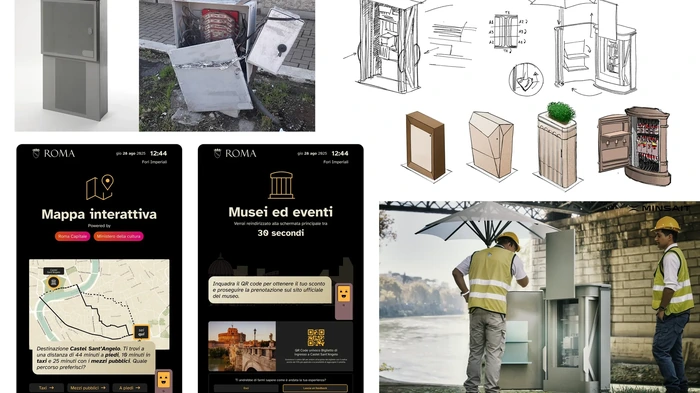 Smart street cabinet project collage with physical concepts, interface screens and the on-site prototype.